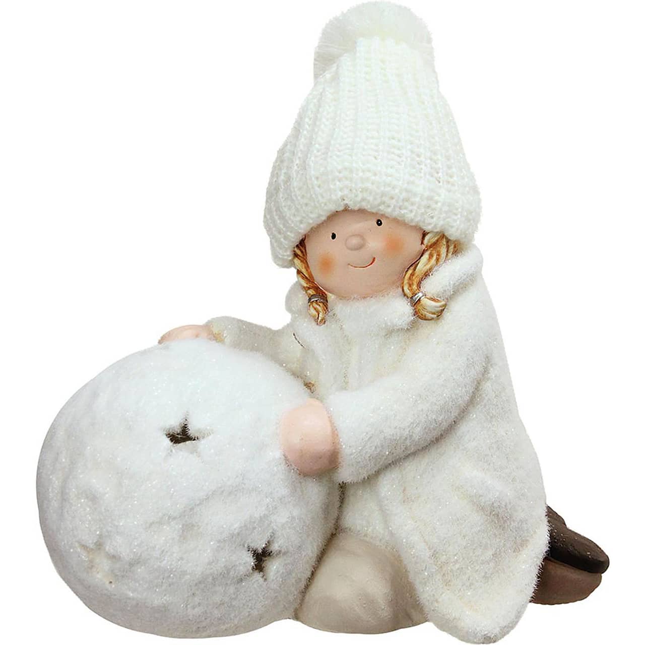 12.5" White Tealight Snowball with Kneeling Girl Candle Holder